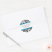 Sticker Rond Turquoise Aqua Blue Black Damask Adresse Mariage (Enveloppe)
