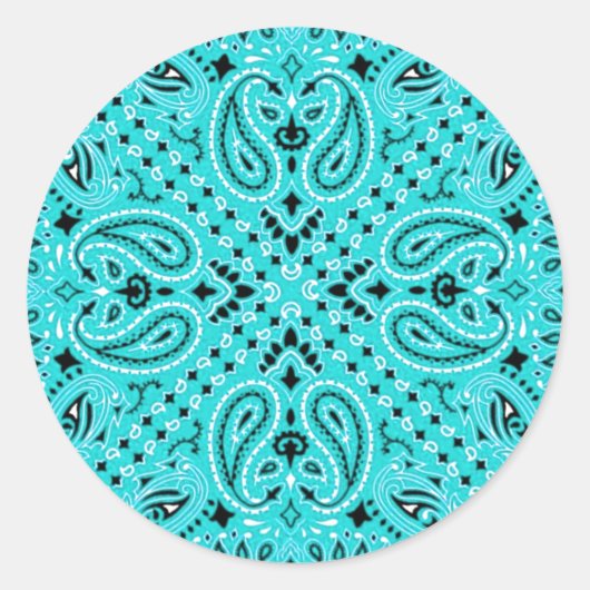 Sticker Rond Turquoise Aqua Paisley Western Bandana Scarf Print (Devant)