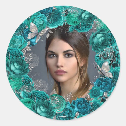 Sticker Rond Turquoise argent photo parties scintillant papillo (Devant)