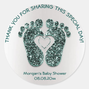 Sticker Rond Turquoise Baby shower pieds coeur Parties scintill