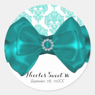 Sticker Rond Turquoise & blanc Damas Chic Bow Glam Sweet 16 Par