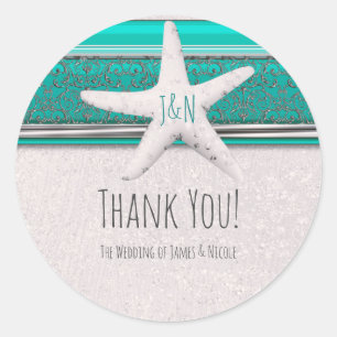 Sticker Rond Turquoise & Blanc Étincelle Starfish Plage Mariage