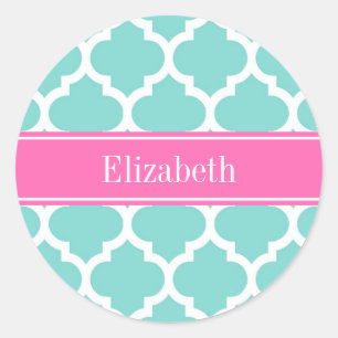 Sticker Rond Turquoise Blanc Marocain #5 Rose Chaud 2 Nom Monog