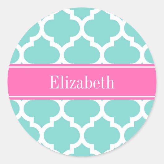 Sticker Rond Turquoise Blanc Marocain #5 Rose Chaud 2 Nom Monog (Devant)
