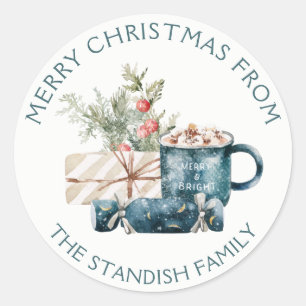 Sticker Rond Turquoise Bleu Joyeux Noël Chocolat chaud Nourrit
