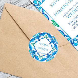 Sticker Rond Turquoise bleu mexicain Talavera nom de mariée et 