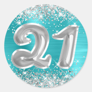 Sticker Rond Turquoise Bleu Pailleté Argent Anniversaire 21