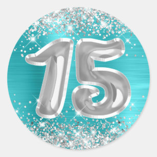 Sticker Rond Turquoise Bleu Pailleté Argent Chiffre 15 Annivers