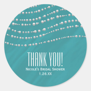 Sticker Rond Turquoise Bleu & Perles Élégant Shower de Mariée