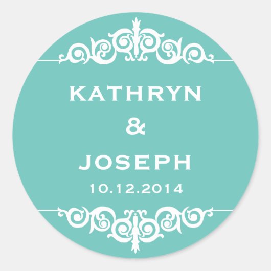 Sticker Rond Turquoise bleu romantique élégant scroll mariage f (Devant)