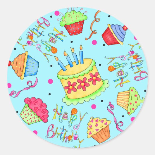 Sticker Rond Turquoise Blue Cupcakes and Cake Joyeux anniversai (Devant)