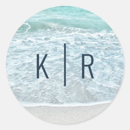 Sticker Rond Turquoise Blue Ocean Sandy Beach Monogram Mariage (Devant)
