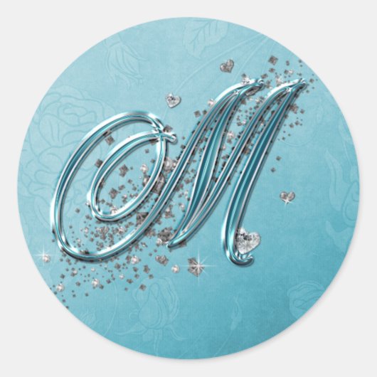 Sticker Rond Turquoise Blue Silver Parties scintillant Script T (Devant)