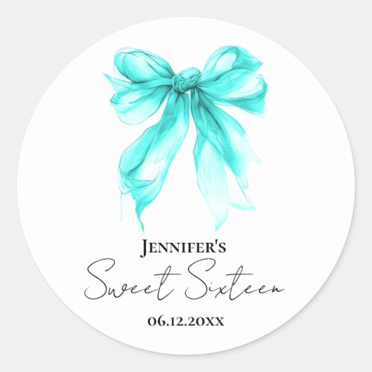 Sticker Rond Turquoise Bow Coquette Script Sweet 16 Party (Devant)
