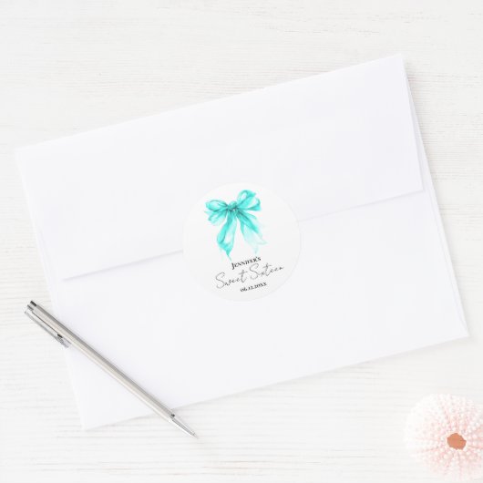 Sticker Rond Turquoise Bow Coquette Script Sweet 16 Party  (Enveloppe)