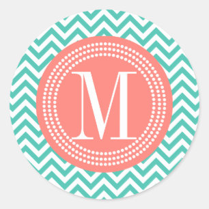 Sticker Rond Turquoise Chevron Zigzag Monogramme personnalisé