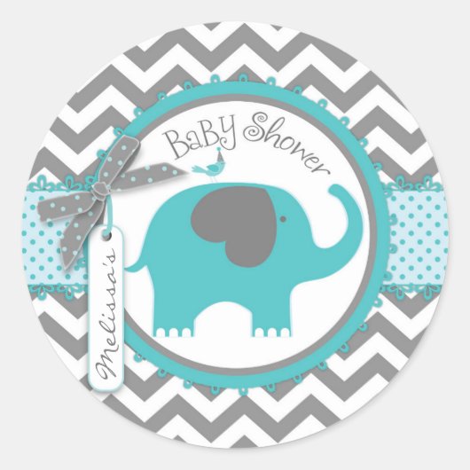 Sticker Rond Turquoise Elephant Boy Chevron Imprimer Baby showe (Devant)