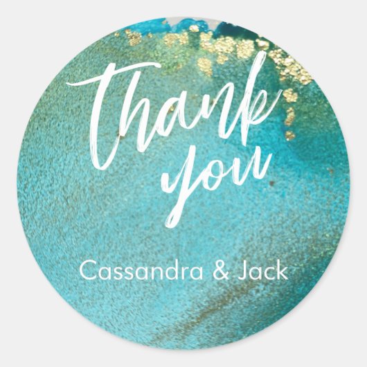 Sticker Rond Turquoise et or Liquide Art Abstrait Main Décontra (Devant)