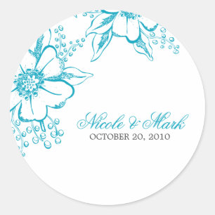 Sticker Rond Turquoise Floral Letterpress Style Mariage