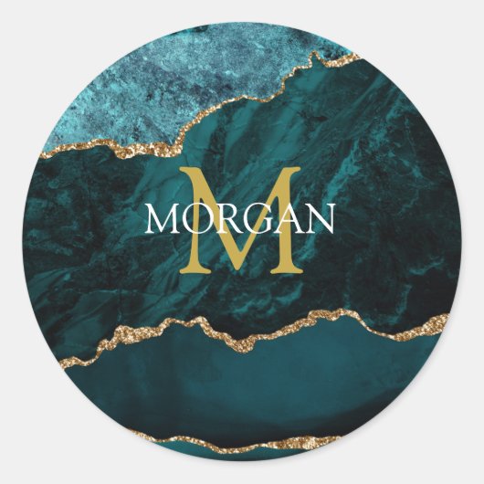 Sticker Rond Turquoise Gold Black Agate, Nom & Monogramme, Gold (Devant)