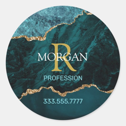 Sticker Rond Turquoise Gold Blk Agate, Nom Monogram Profession (Devant)