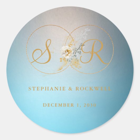 Sticker Rond Turquoise Gold Monogramme Nom Mariage initial (Devant)