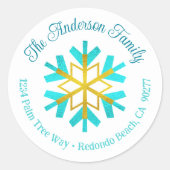 Sticker Rond Turquoise Gold Snowflake Modern Simple Adresse (Devant)