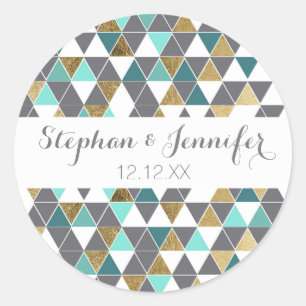 Sticker Rond Turquoise gris moderne et triangles or Faux