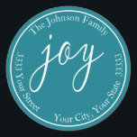 Sticker Rond Turquoise Joy Christmas Round Return Adresse Label<br><div class="desc">Turquoise Joy Holiday Round Return Adresse Label Ajoutez une touche festive à votre correspondance de vacances avec ces étiquettes d'adresse de retour de joie.</div>
