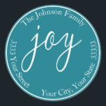Sticker Rond Turquoise Joy Christmas Round Return Adresse Label<br><div class="desc">Turquoise Joy Holiday Round Return Adresse Label Ajoutez une touche festive à votre correspondance de vacances avec ces étiquettes d'adresse de retour de joie.</div>