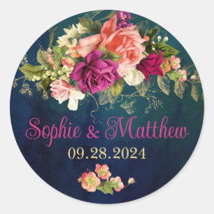 Sticker Rond Turquoise, Marine, Vert, Gold Bold Florals Mariage