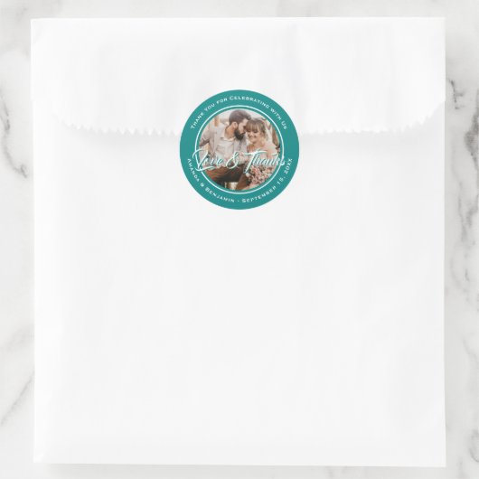 Sticker Rond Turquoise Modern Script Mariage Photo Favoriser (Sac)