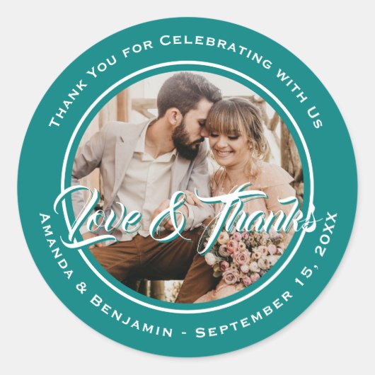 Sticker Rond Turquoise Modern Script Mariage Photo Favoriser (Devant)