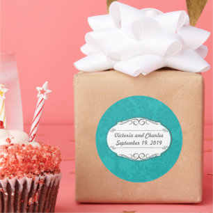 Sticker Rond Turquoise moderne Turquoise Blue Mariage damassé