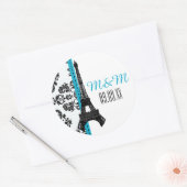 Sticker Rond Turquoise Monogramme Damask Tour Eiffel Mariage (Enveloppe)
