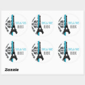Sticker Rond Turquoise Monogramme Damask Tour Eiffel Mariage (Feuille)