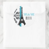 Sticker Rond Turquoise Monogramme Damask Tour Eiffel Mariage (Sac)