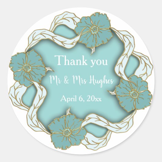Sticker Rond Turquoise Monogramme mariage floral merci (Devant)