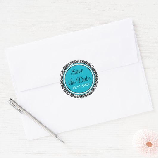 Sticker Rond Turquoise, Noir, Mariage damassé blanche (Enveloppe)