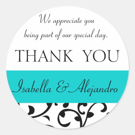 Sticker Rond Turquoise, Noir Mariage Faveur Merci Message (Devant)