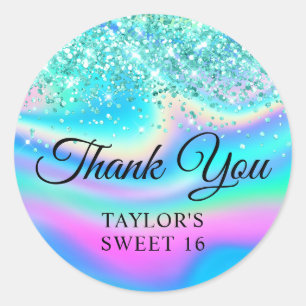 Sticker Rond Turquoise Pailleté Arc-en-ciel Iridescent Merci Sw
