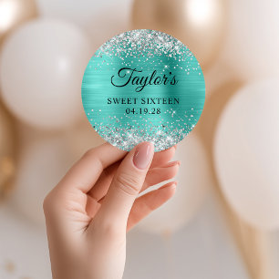 Sticker Rond Turquoise Pailleté Argent Sweet Sixteen