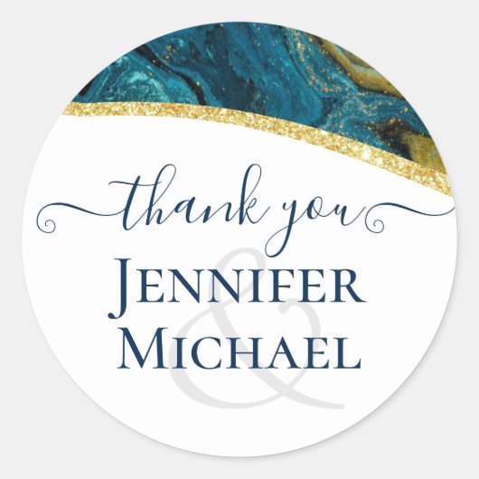 Sticker Rond Turquoise Peacock Blue Gold Agate Mariage (Devant)