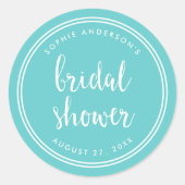 Sticker Rond Turquoise Script et Rayures Blanches Baby Shower F (Devant)