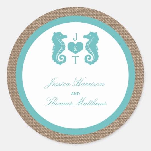 Sticker Rond Turquoise Seahorse Burlap Beach Wedding Collection (Devant)