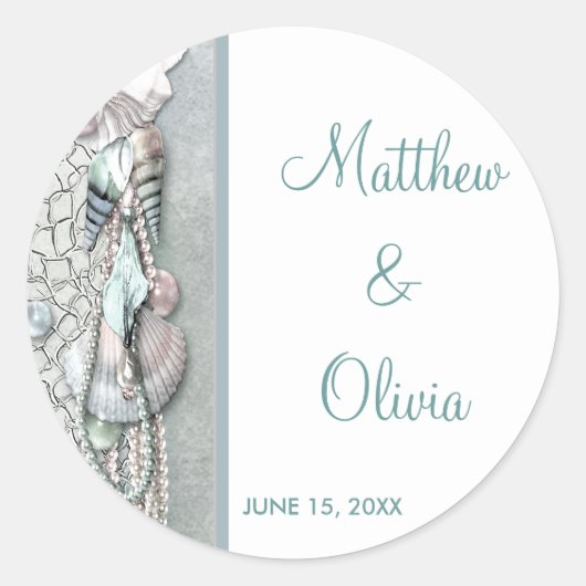 Sticker Rond Turquoise Seashells Pearl Beach Mariage Favoriser (Devant)