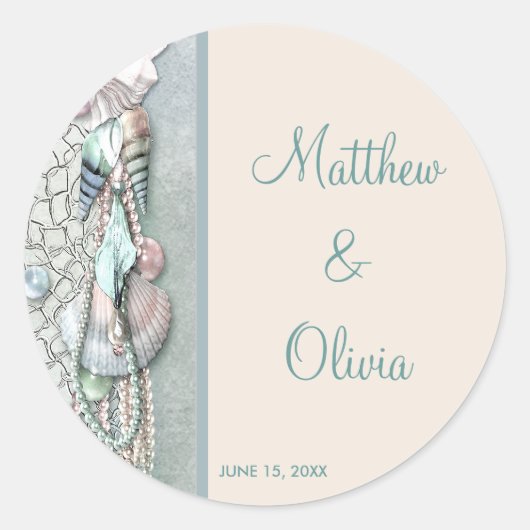 Sticker Rond Turquoise Seashells Pearls Beach Mariage Favoriser (Devant)