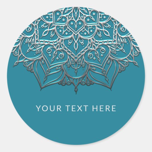 Sticker Rond Turquoise & Silver Mandala Elegant Minimal Mariage (Devant)