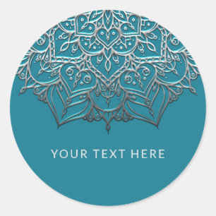 Sticker Rond Turquoise & Silver Mandala Elegant Minimal Mariage