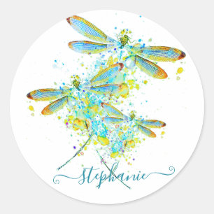 Sticker Rond Turquoise Splatter Dragonfly personnalisée